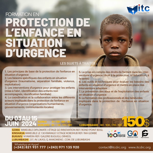 FORMATION EN PROTECTION DE LENFANCE EN SITUATION DURGENCE  FORMATION EN GESTION DES PROJETS et SUIVI EVALUATION HUMANITAIRES   WASH EHA   CARTOGRAPHIE  